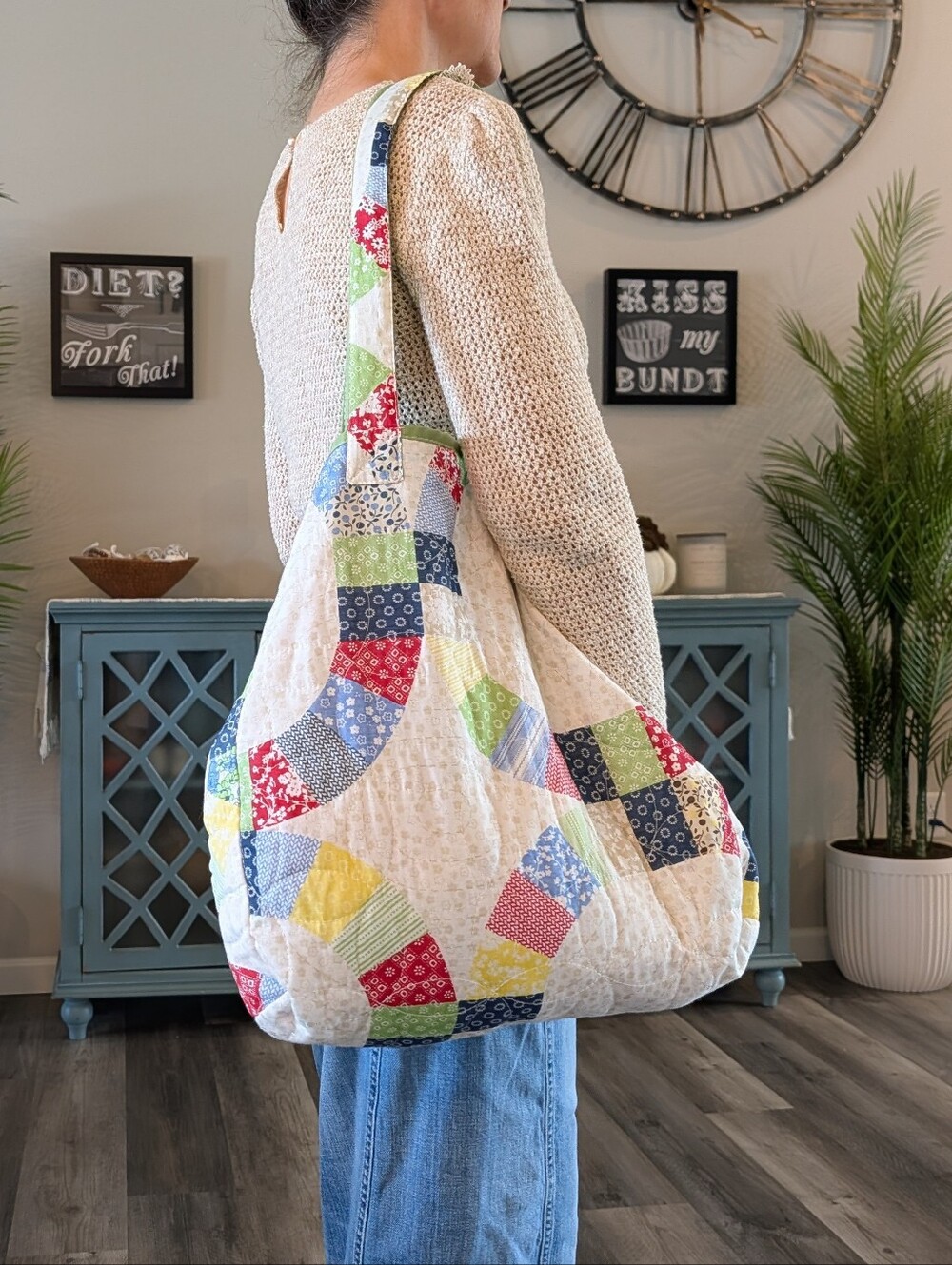HANDMADE VINTAGE TOTE BAG patchwork quilt print